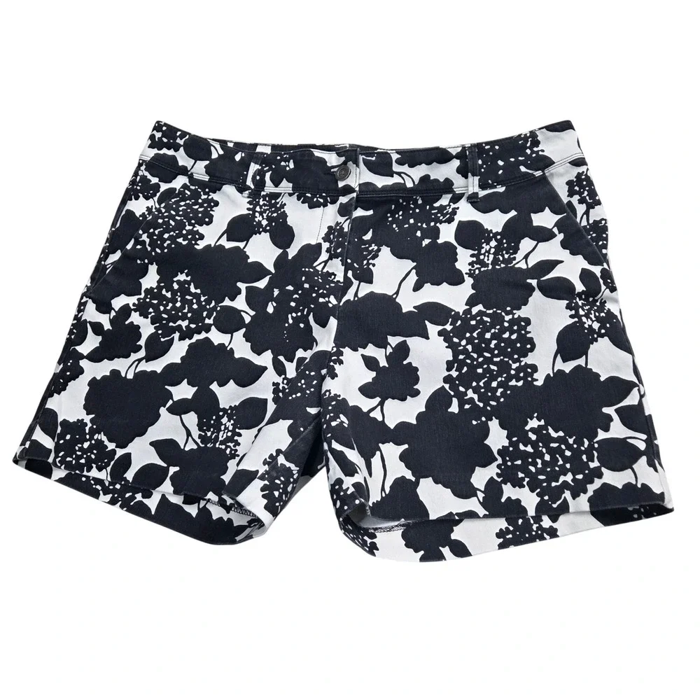The Limited Women Black White Floral Print Shorts Size 14 Cotton Blend Stretch
